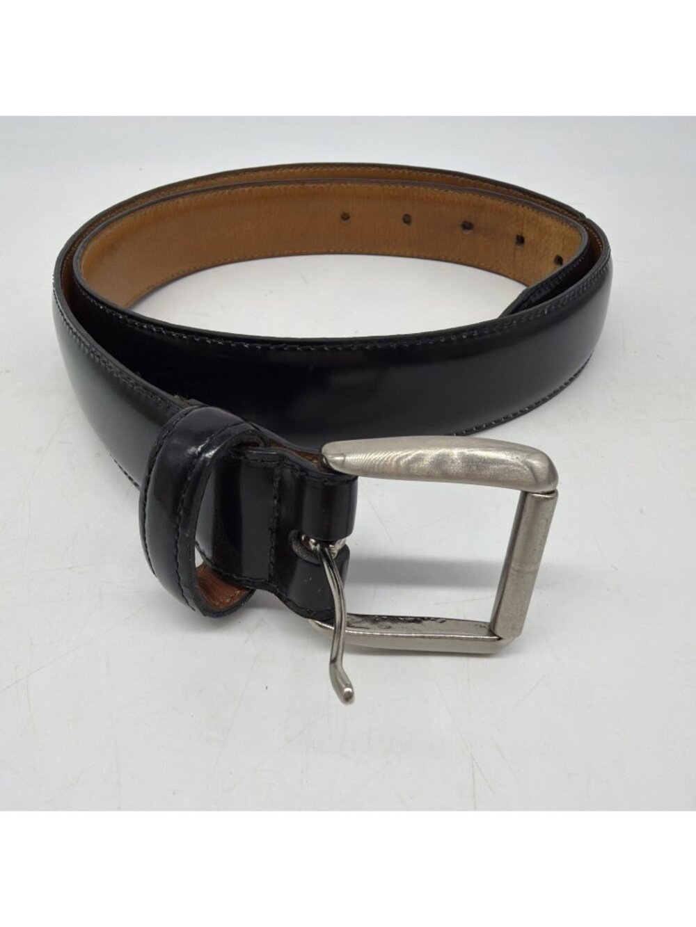 Cole Haan Black Leather Belt Solid Brass Silver Tone Buckle Men’s 34/85 Made USA